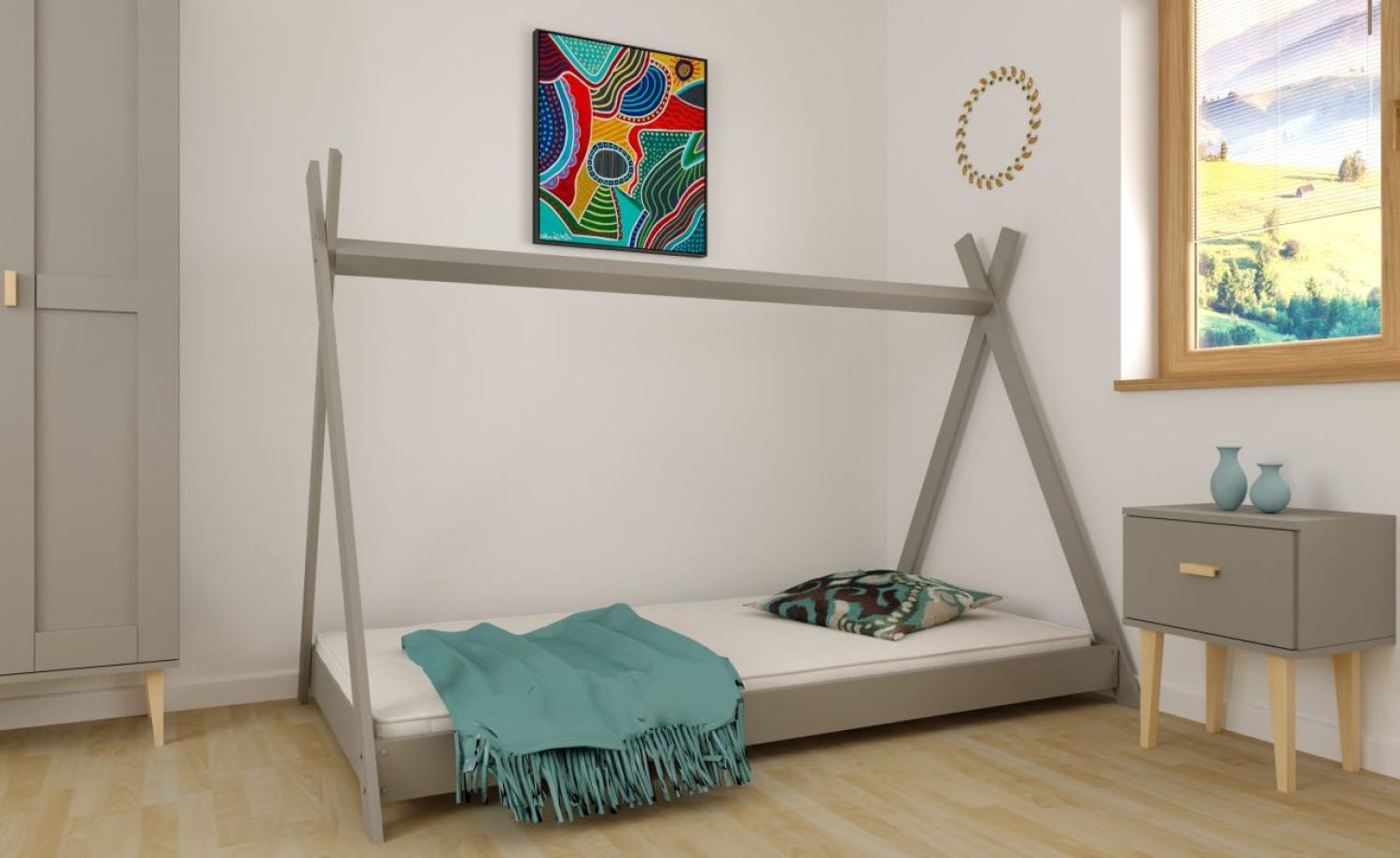 Kinderbett Jugendbett Bodenbett 100% Massivholz Grau 160x80 cm Bild 1