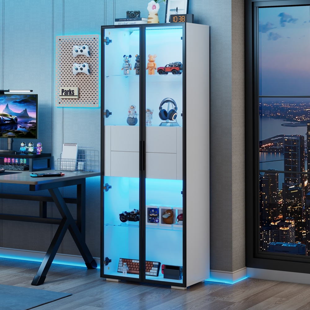 Merax 160cm Schrank, Vitrine Schranktür aus gehärtetem Glas, Vitrine Lagerschrank mit LED, 2 Glasboden, 2 Schubladen, Highboard, Wohnzimmerschrank, Aufbewahrungsschrank, Weiß Bild 1