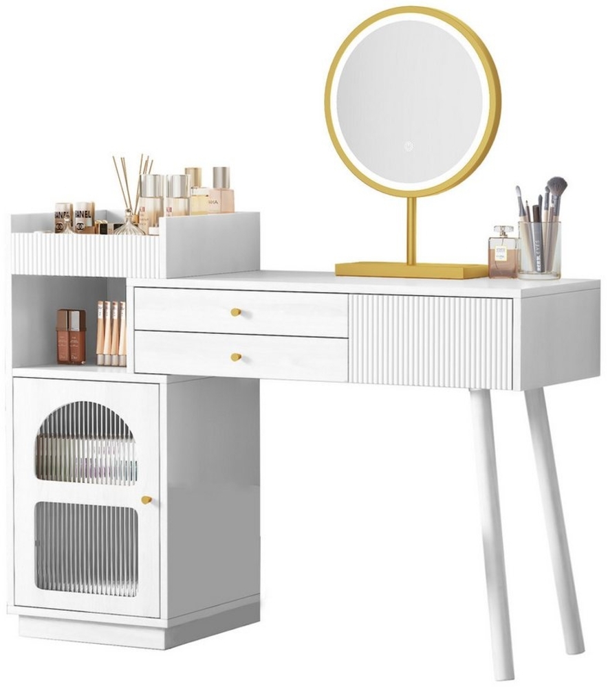 Merax Schminktisch mit Schubladen und offenen Fächern, Kosmetiktisch mit LED-Spiegel, Friesiertisch mit Highboard Bild 1