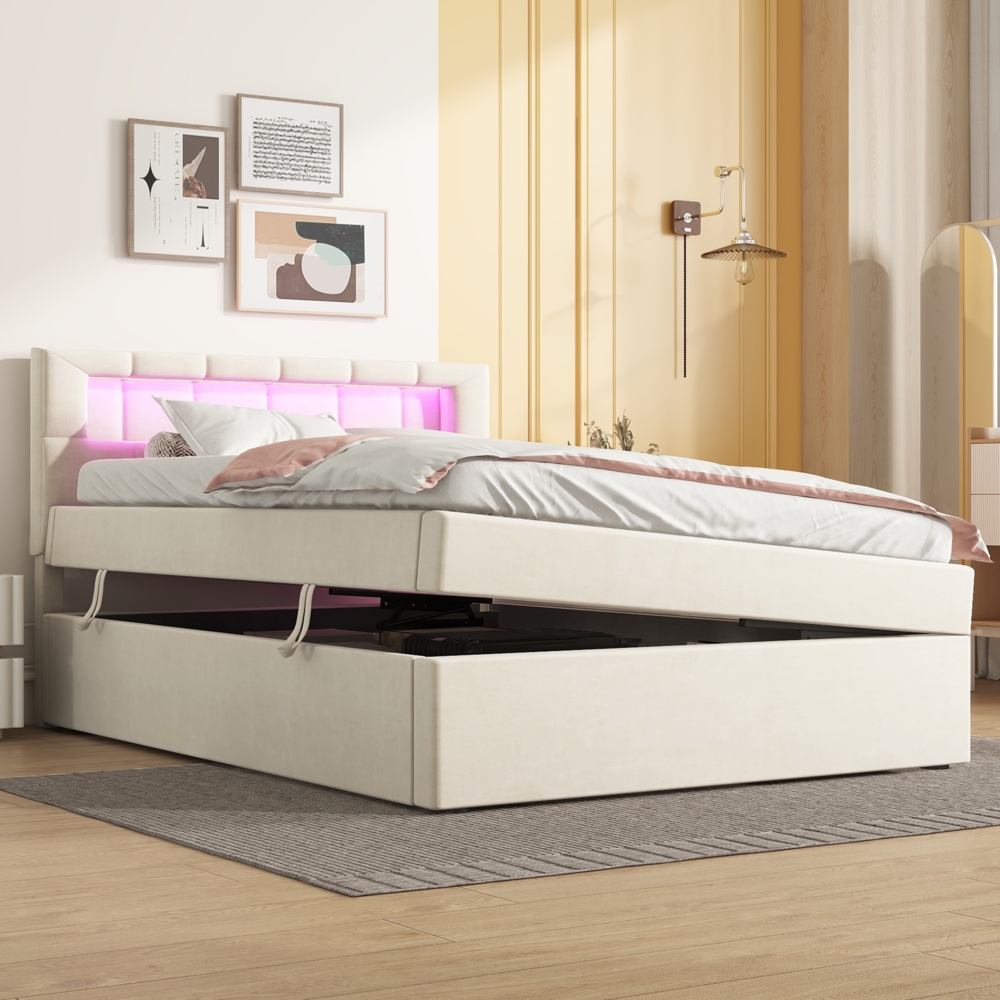 Polsterbett 90x200 cm mit LED-Ambientebeleuchtung, Bett mit Stauraum und Hebefunktion,verstellbarem Kopfteil,Samtbezug mit Fernbedienung in Beige Bild 1