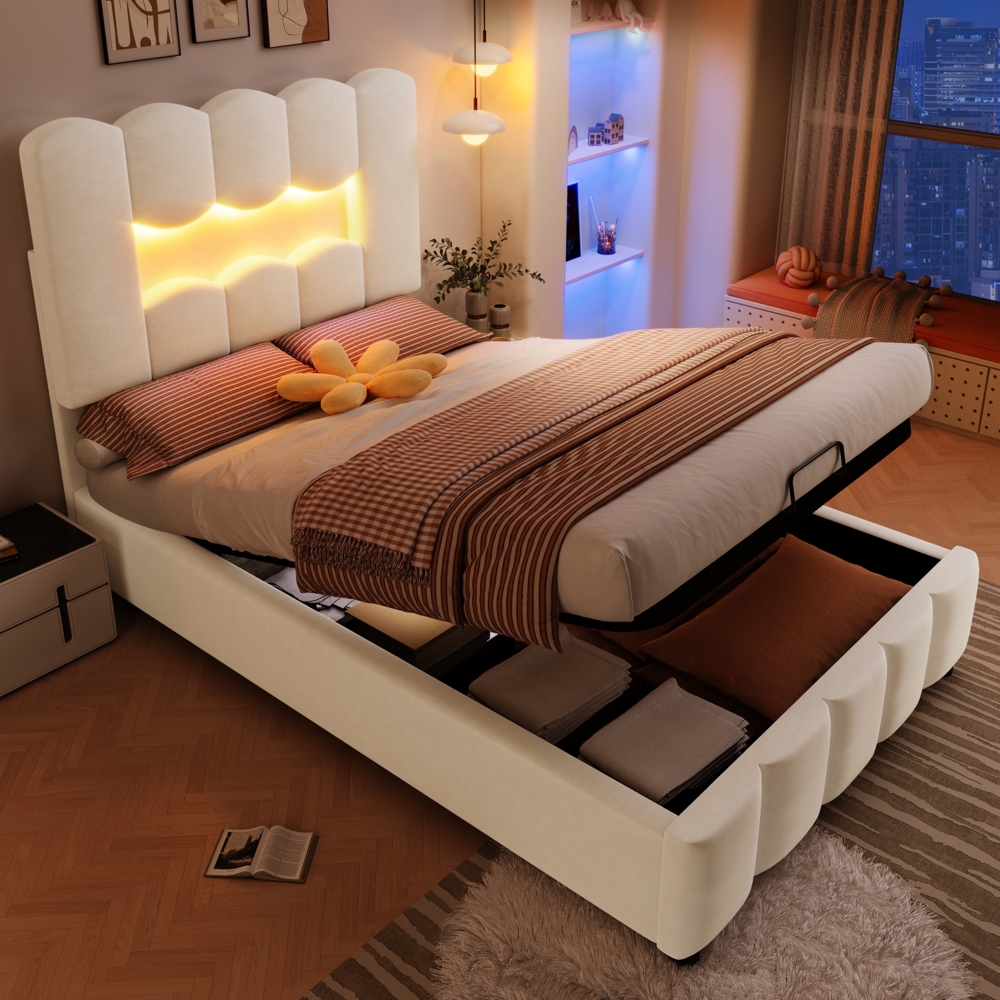 Merax Polsterbett, 90 x 200 cm, Einzelbett, Jugendbett, ohne Matratze, LED-Beleuchtung, mit Hydraulikvorrichtung, verstellbares Kopfteil, Samt, beige Bild 1