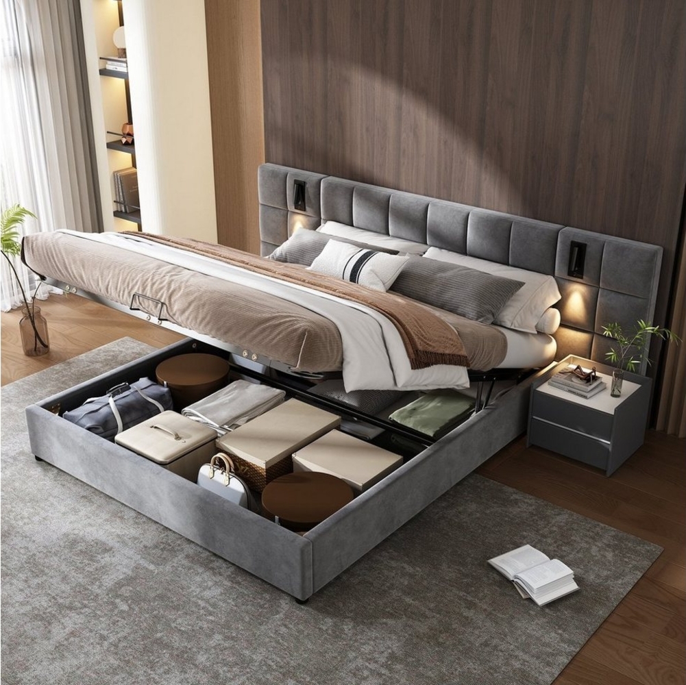 Flieks Polsterbett, Stauraumbett Leselicht & USB-Anschluss 140x200cm Samt ohne Nachttisch Bild 1