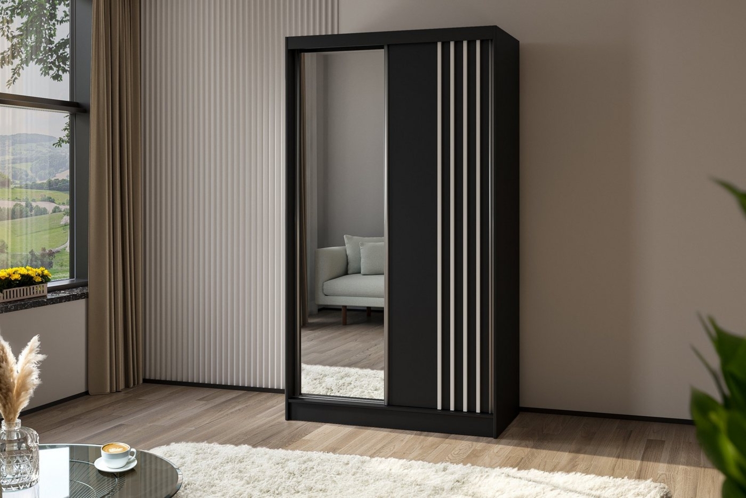 ALTDECOR Schiebetürenschrank NALLA Spiegel Spiegeltüren Lamellen Schwebetürenschrank LED Beleuchtung Bild 1