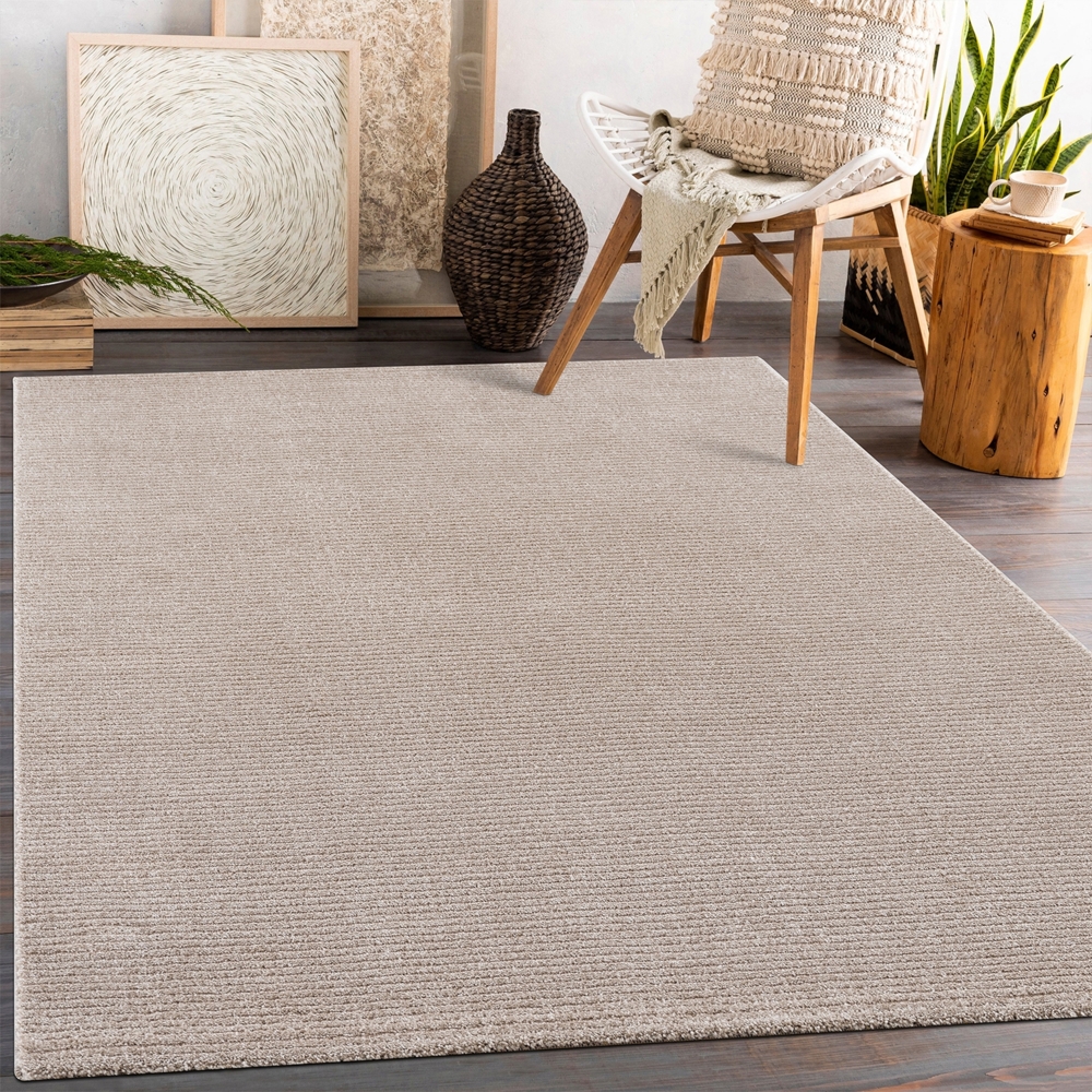 Teppich Wohnzimmer - Beige - 140x200 cm - Meliert Muster - Einfarbig - Hoch Tief Effekt - Kurzflor Weich Schlafzimmer Kinderzimmer Dekoration - Deko Teppiche Bild 1