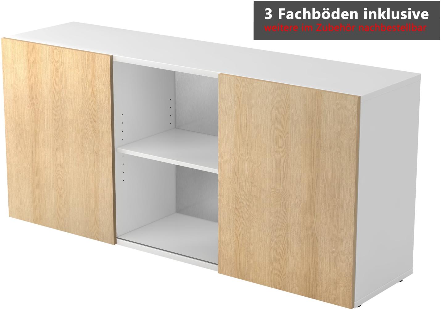 bümö Schwebetürenschrank, Sideboard Weiß/Silber - Büromöbel Sideboard Holz 160cm breit, 42cm schmal, Büro Schrank mit Schwebetür für Flur oder als Wohnzimmer-Kommode, 1780-W-S Bild 1