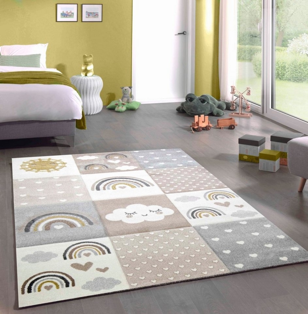 Carpetia Kinderteppich Kinderzimmer Teppich Herzchen Wolken Regenbogen grau beige braun, rechteckig, Höhe: 13 mm Bild 1