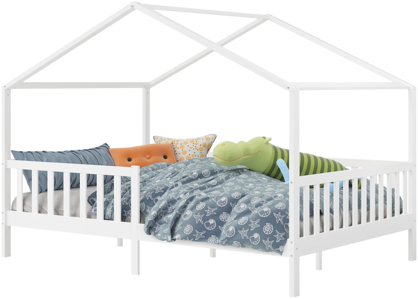 Bellabino 'Bia' Hausbett 140x200 cm, weiß, Kiefer Massivholz, Montessori Kinderbett mit Rausfallschutz und Lattenrost Bild 1