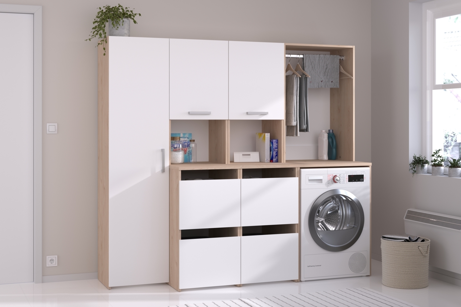 Mehrzweckschrank-Set >Laundry 2< (3-teilig) Eiche Dekor / Weiss - 204x184x67 (BxHxT) Bild 1
