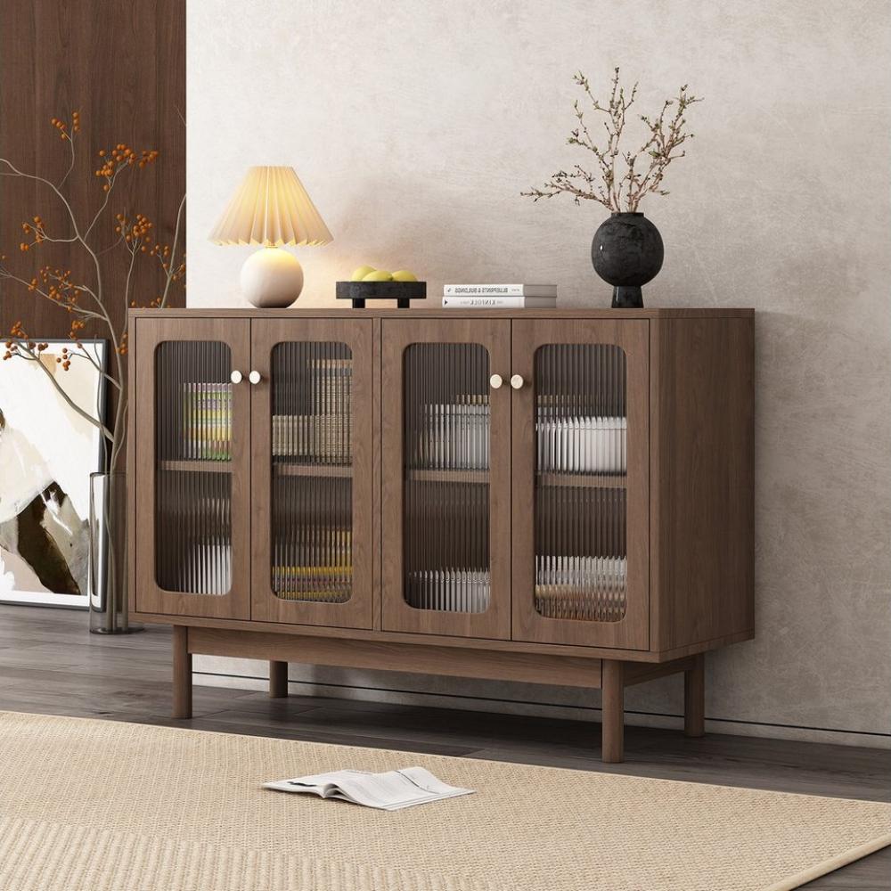 WISHDOR Sideboard aus Spanplatte mit Glasvitrine (4 Glastüren), mit vertikalen Streifen, Glasvitrine, 120*40*82cm Bild 1