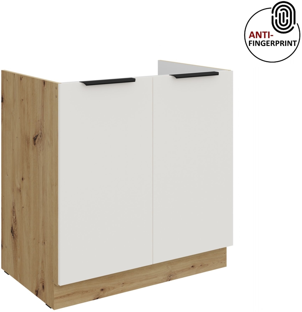 Küchen Spülenunterschrank 80 cm Küche ARIA Weiss ultra matt + Eiche Artisan matt, hochwertige Fronten mit Anti Fingerprint Beschichtung Küchenzeile Küchenblock Bild 1