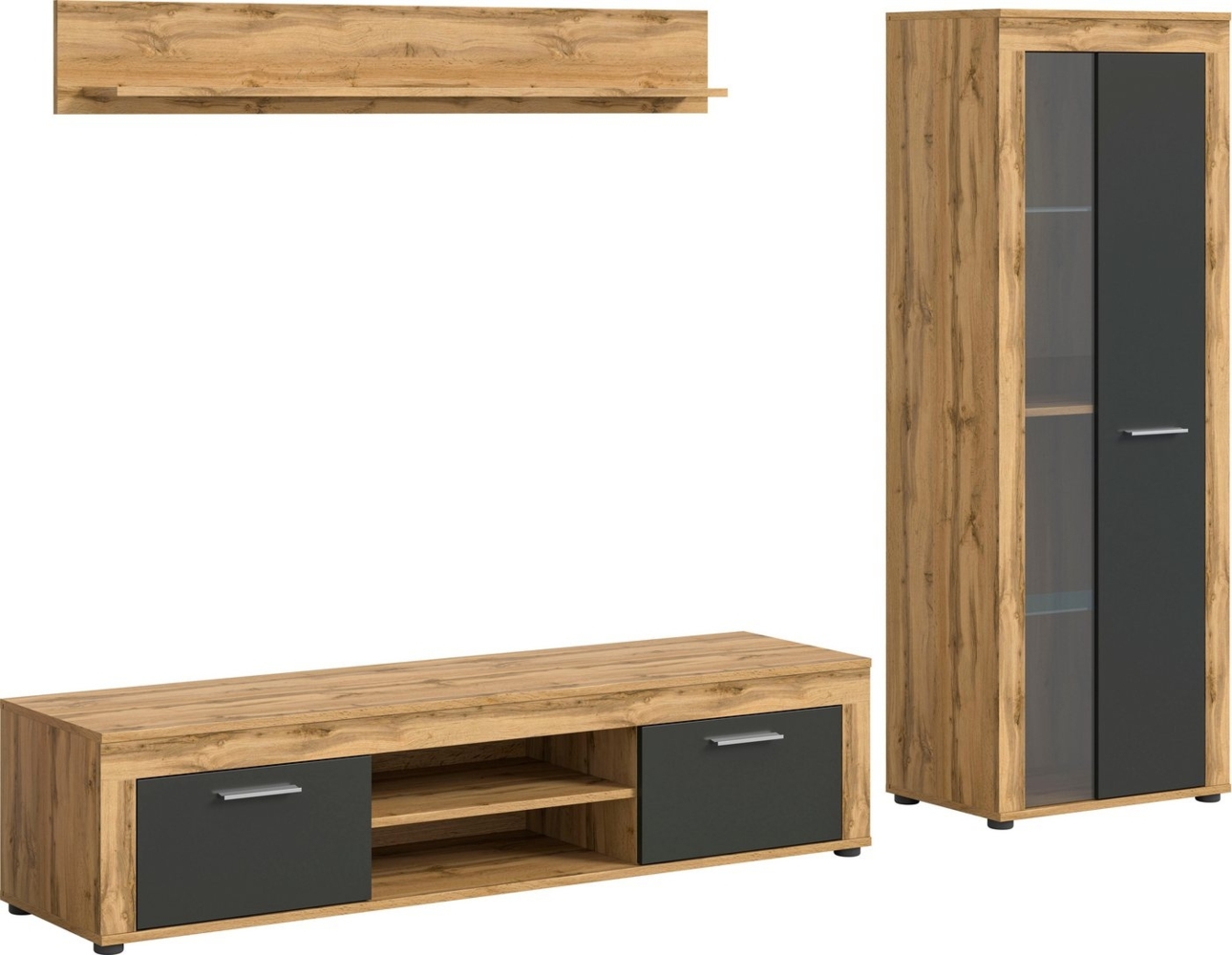 INOSIGN Wohnzimmer-Set Aosta, Breite 235cm, bestehend aus Lowboard, Wandboard, Vitrine, (3-St), Wohnwand, Kombination, Anbauwand, Möbel Set, Schrankwand, Möbel Kombi Bild 1