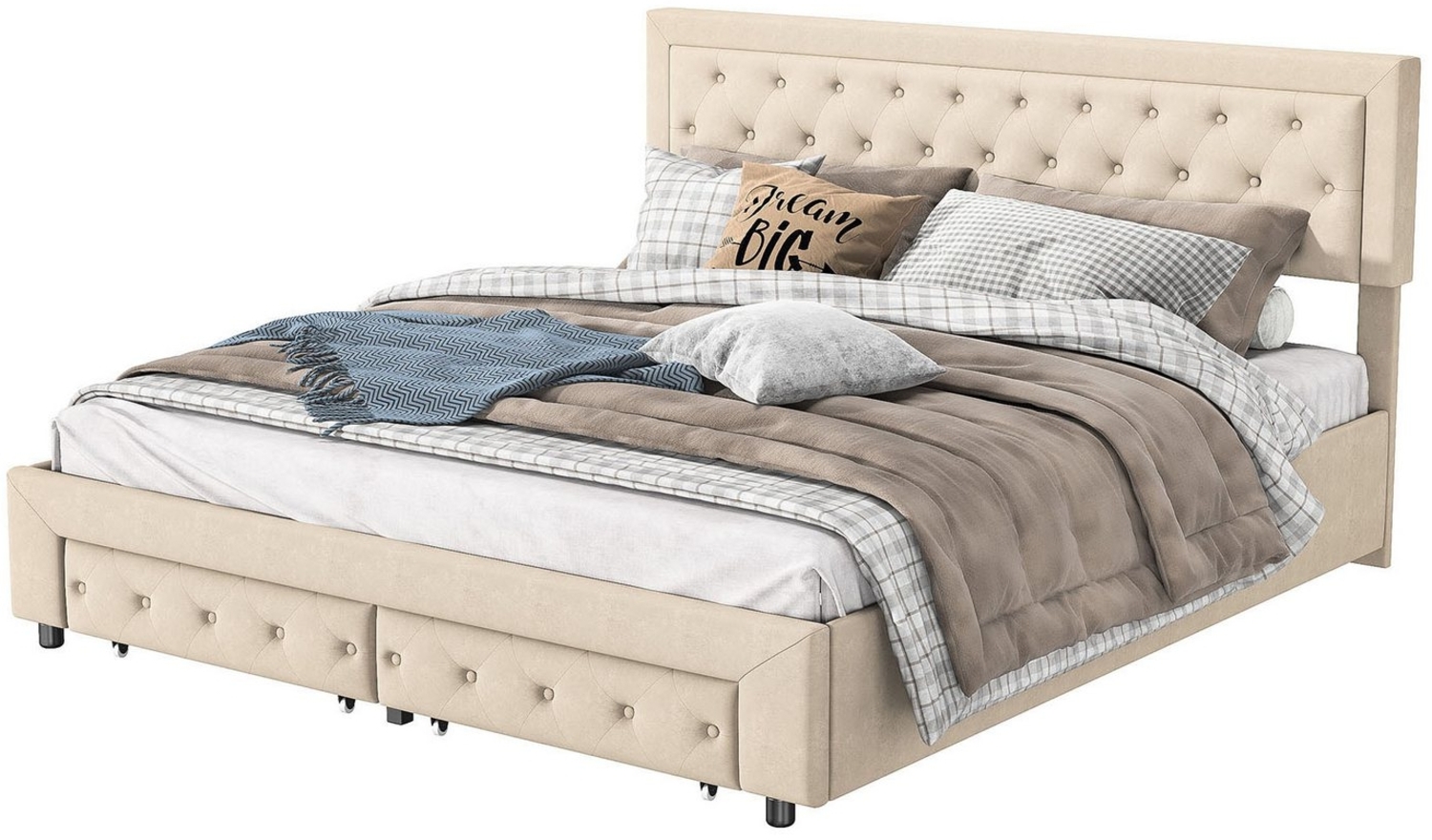 FUROKOY Polsterbett Stauraumbett Doppelbett mit Aufbewahrungsfunktion und 2 Schubladen, 2 Schubladen 160x200 cm Ohne Matratze, samt, Beige Bild 1
