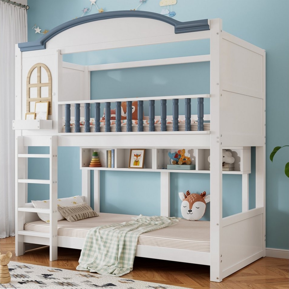 TavilaEcon Etagenbett Kinderbett mit Dach und Fenster, Offenes Regal, Massivholzzaun (Ohne Matratze), mit vierstufiger Leiter, Weiß+Blau, 90x200cm Bild 1
