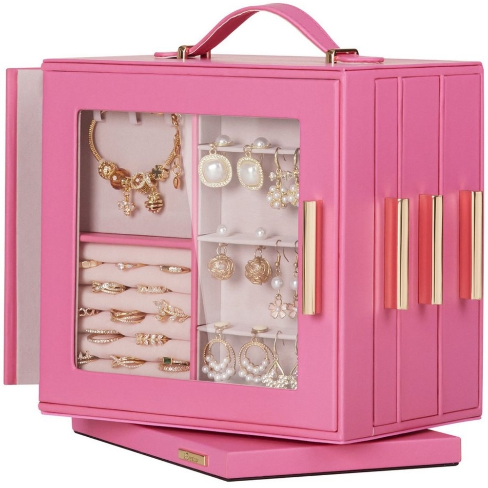 Yorbay Schmuckkasten 360° drehbar Schmuckkästchen mit 7 Schubladen, Fenster, Spiegel, 9 Bereichen, für Halsketten, Ringe, Armbänder, Ohrringe Bild 1