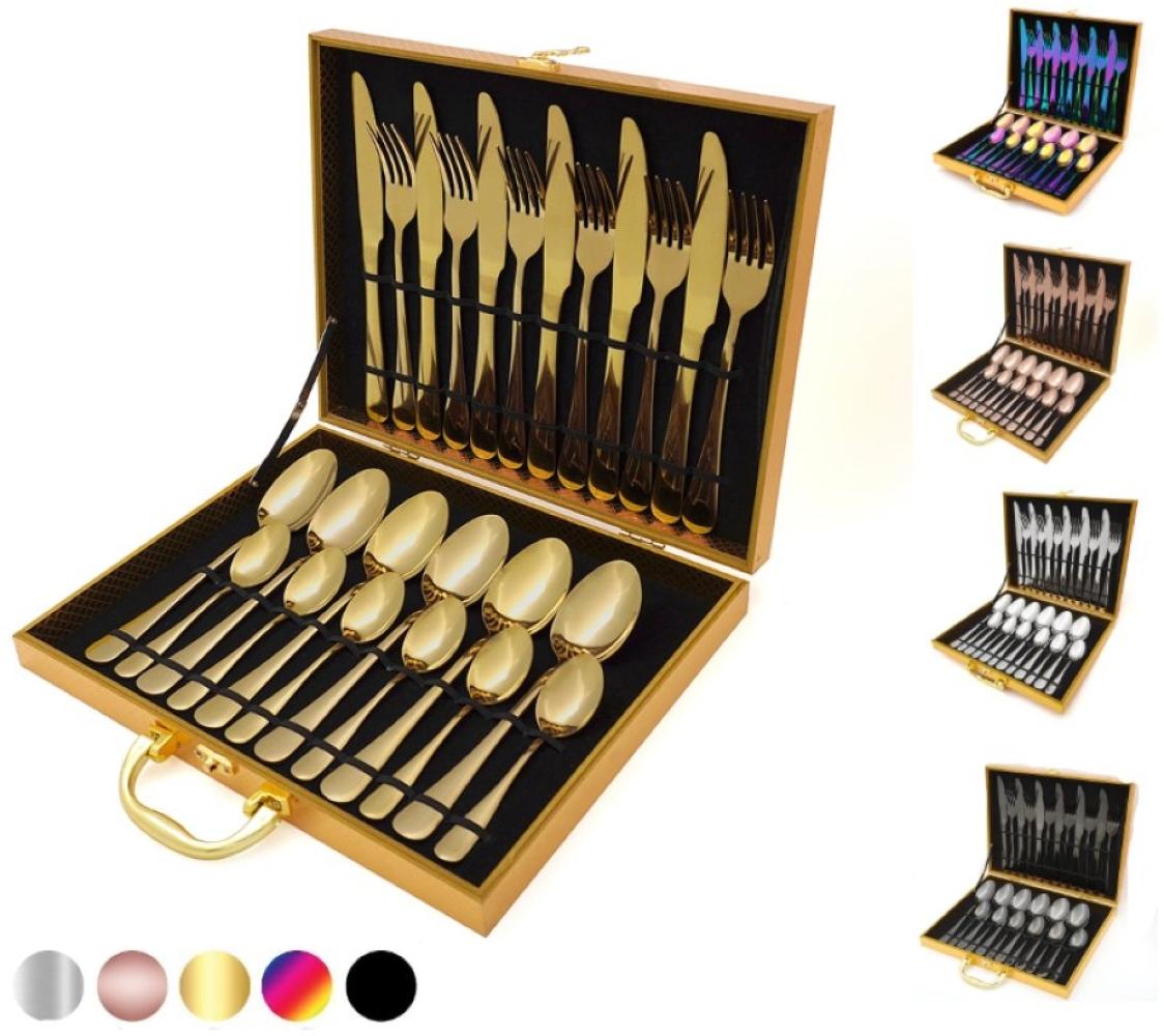 [Besteckset 24 tlg. [Wooden Box] in verschiedenen Farben] glänzendes Edelstahlbesteck für. 6 Personen Messer, Gabel, Löffel Cutlery Set mit Geschenkbox Gold Bild 1