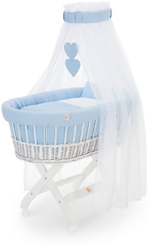 FabiMax Stubenwagen Weiß lackiert, 2 in 1 Musselin / Waffelpiqué Komplettset Blau mit Decke und Kissen Bild 1