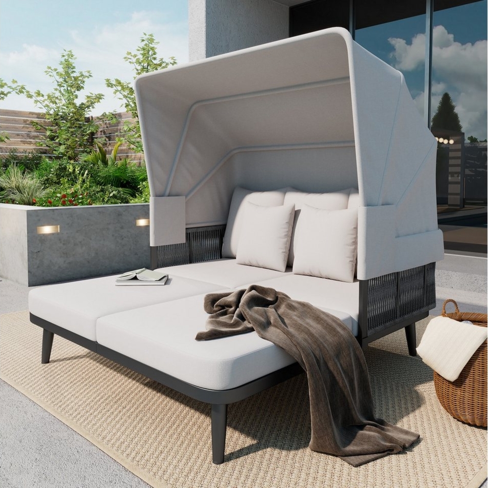 Flieks Gartenlounge-Set, Gartenliege Doppelliege Gartensofa Gartenmöbel aus Seil mit Sonnendach Bild 1