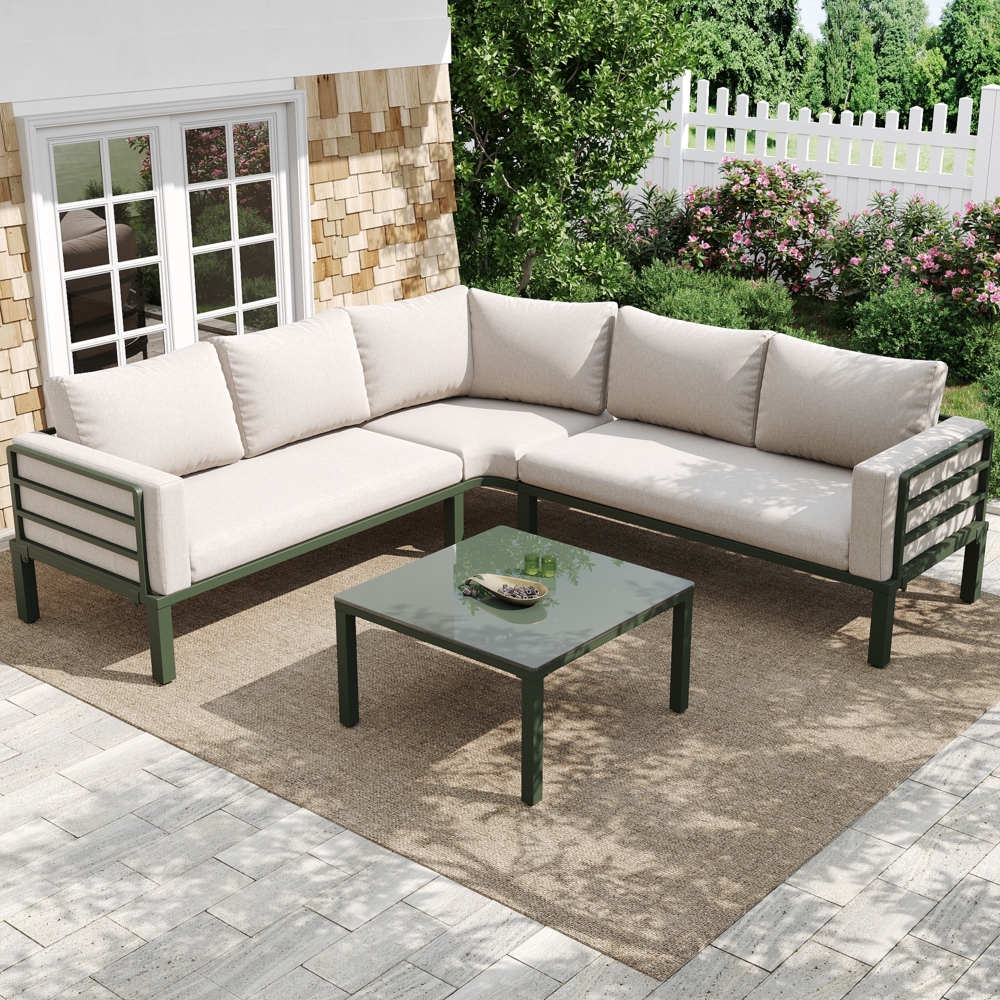 Merax Gartenmöbel-Set (4-5 Sitzplätze), 1 Couchtisch aus gehärtetem Glas, verzinkter Eisenrahmen, bequeme Gartenmöbel, beige Bild 1