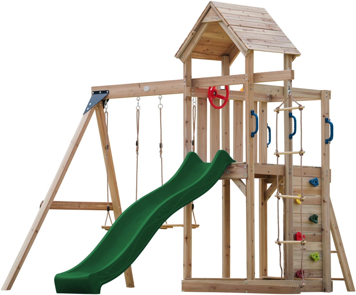 AXI Moos Spielturm aus Holz mit 2 Schaukeln & Strickleiter XXL Spielhaus / Spielplatz für Kinder mit Kletterwand, Sandkasten & Rutsche in Grün | Braun, Blau | Holz | 375 cm Bild 1