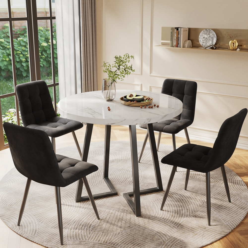 Merax Esstisch-Set (5-teilig), modernes Esstisch-Set mit 4 Stühlen, Küchen-Esstisch-Set, runder Küchentisch mit 80 cm Durchmesser und schwarzen Metallbeinen, weiße MDF-Platte, schwarze Samtstühle Bild 1