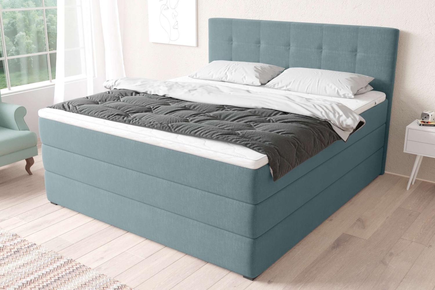 99rooms Madagaskar Boxspringbett Strukturstoff INARI Pastellblau 180x200 cm Bonell-Federung Bild 1