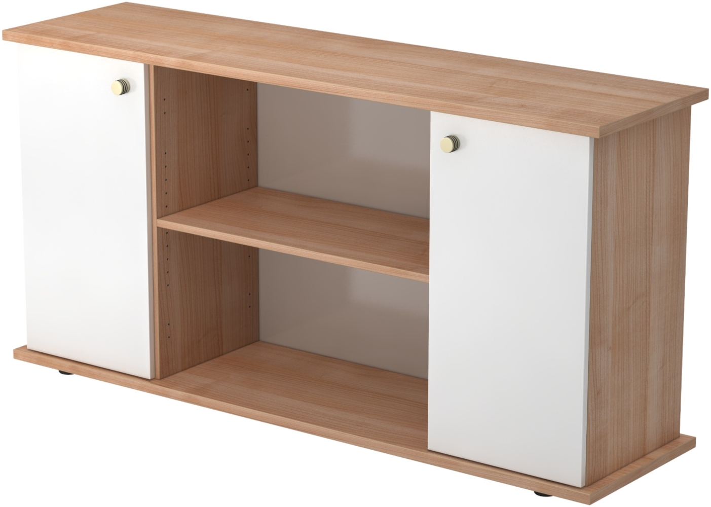 bümö Sideboard Nussbaum/Weiß mit Flügeltüren & Regal - Büromöbel Sideboard Holz 166cm breit, 45cm schmal, Büro Schrank für Flur oder als Wohnzimmer-Kommode mit Streifengriff, SB2T-N-W-SG Bild 1