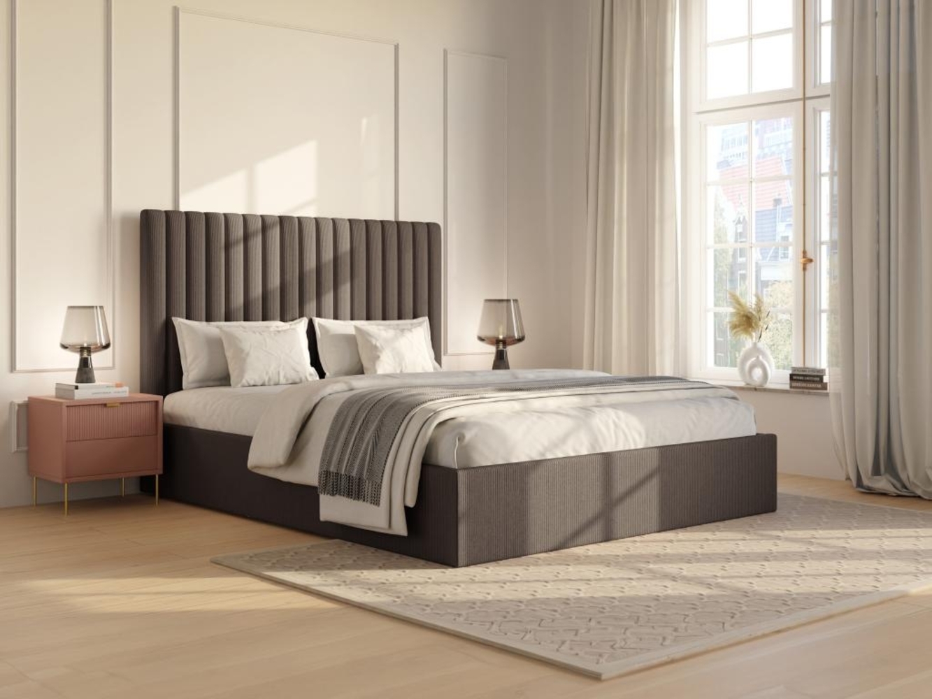 Vente-unique - Bett mit Bettkasten - 160 x 200 cm mit Kopfteil mit vertikalen Ziernähten - Cord - Taupe - SARAH Bild 1