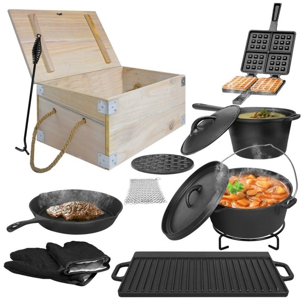 AUFUN Feuertopf Dutch Oven Set, Gusseisen Eingebrannt mit Deckelheber, (12-tlg BBQ Feuertopf aus massivem dickwandigen Gusseisen, für gesellige Grill Abenteuer, Gusseisen), inkl. Isolationshandschuhe, Aufbewahrungsbox & Niederländischer Topf Bild 1