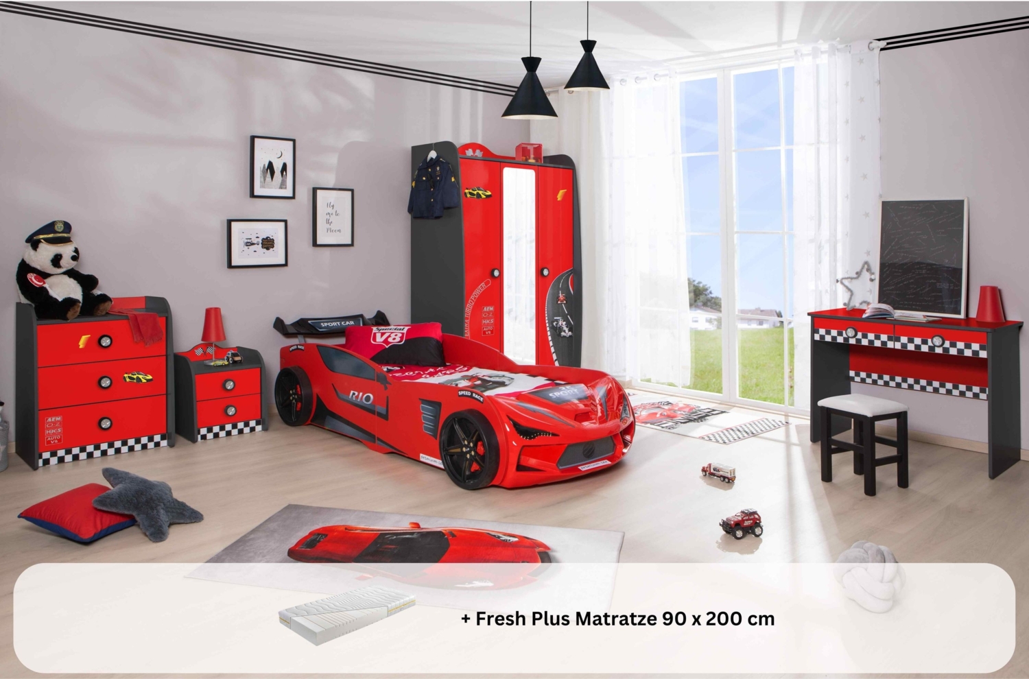 Kinderzimmer komplett Set Autobett Rio 5 teilig Rot ohne Sportsitze, Creativ Fresh Plus H2, ohne Bettwäsche, ohne Wandregal Bild 1
