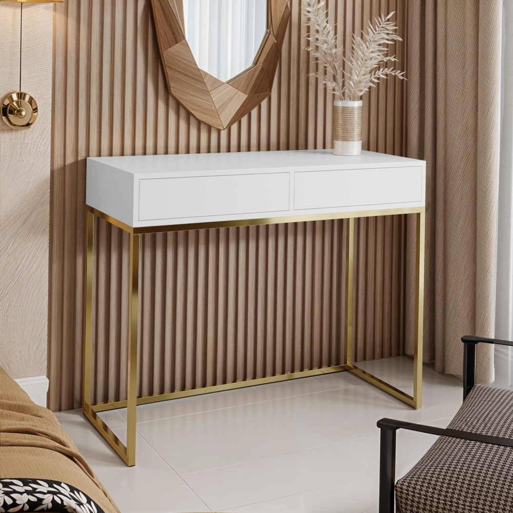 AX LIVING Schminktisch Weiß Lortie 100 cm Schubladen goldenes Gestell Bild 1