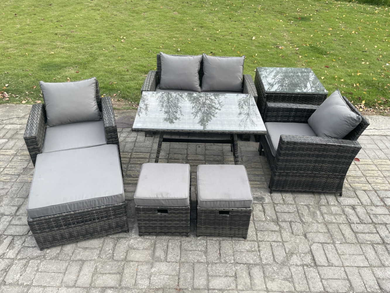 Fimous Hoher Rücken Rattan Gartenmöbel Sets mit Rechteckiger Esstisch Sessel 2-Sitzer Sofa 3 Hockern Beistelltisch Bild 1