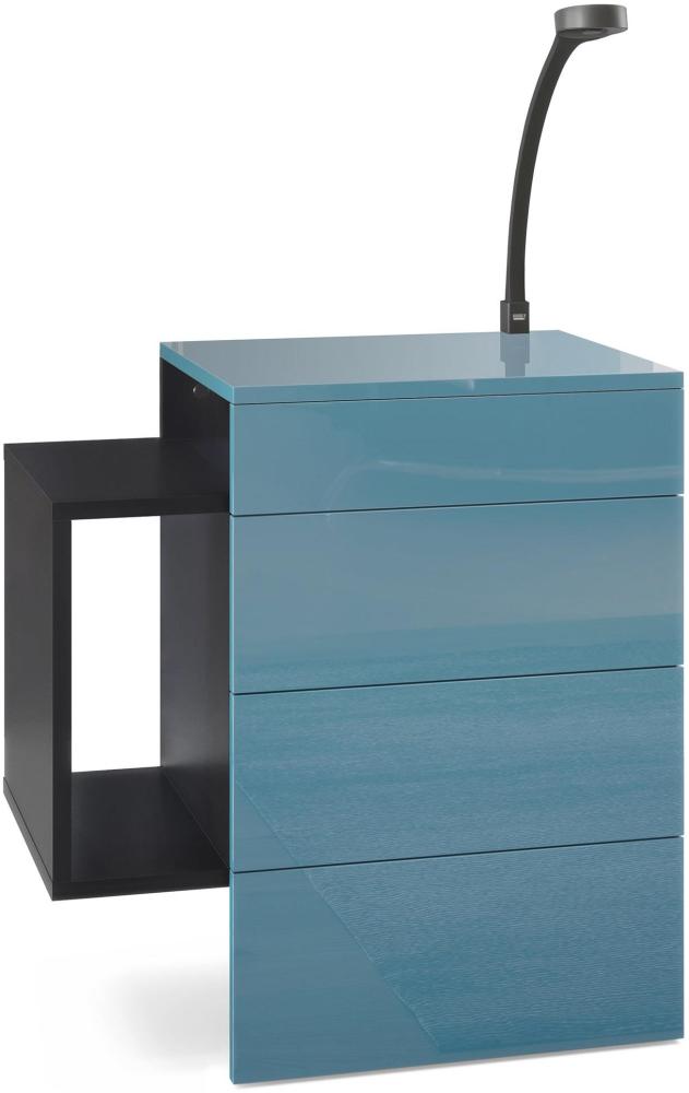 Vladon Nachttisch Queens, Nachttischschrank mit 2 Schubladen und 1 seitlichem Fach zur Wandmontage, Schwarz matt/Petrol Hochglanz, inkl. LED Flexi Lampe schwarz (60 x 63 x 36 cm) Bild 1