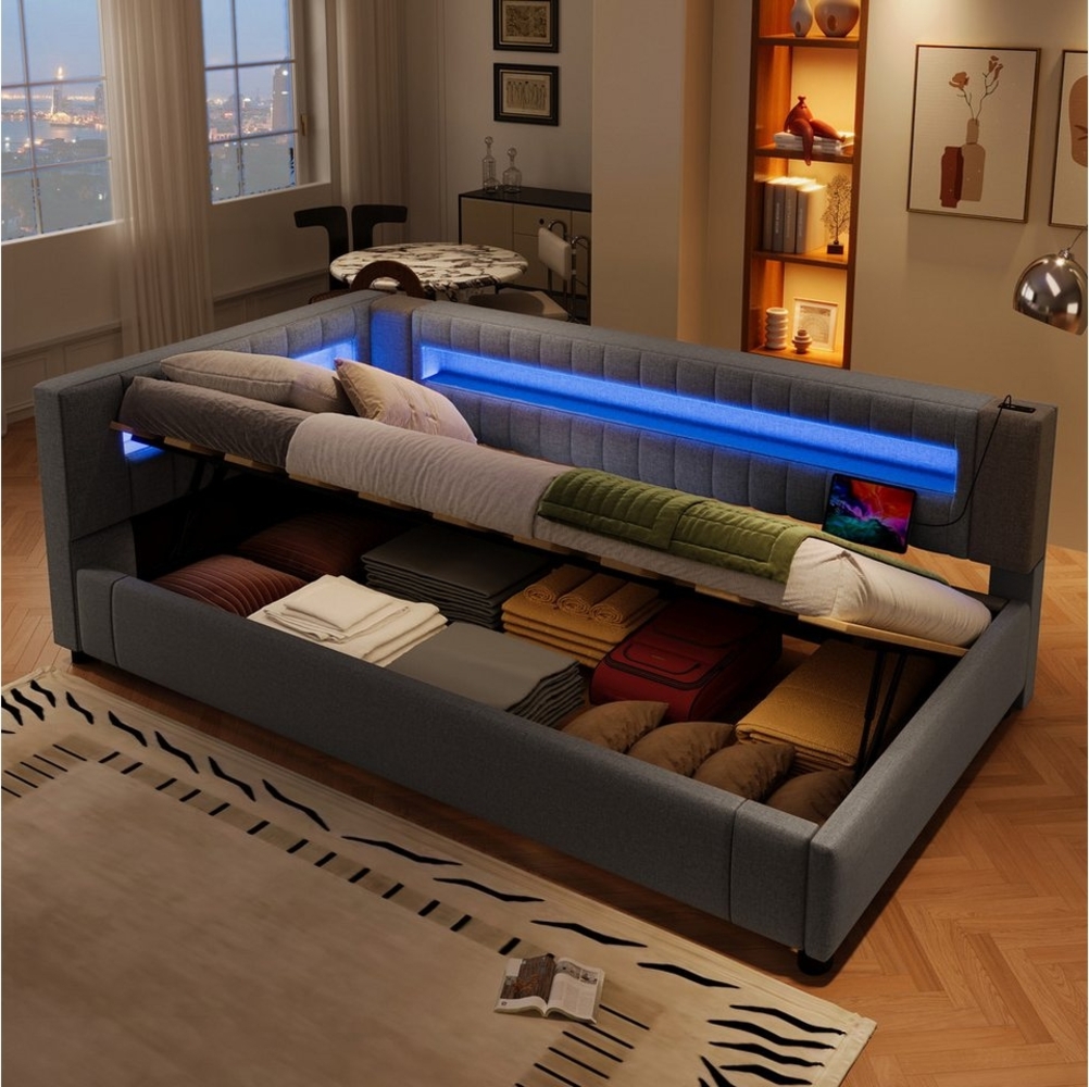 Merax Daybett 90x200cm mit hydraulischem Stauraum (Kinderbett Jugendbett Einzelbett, 1 tlg), Polsterbett Schlafsofa Tagesbett mit LED, USB und TYPE-C, Leinen Bild 1