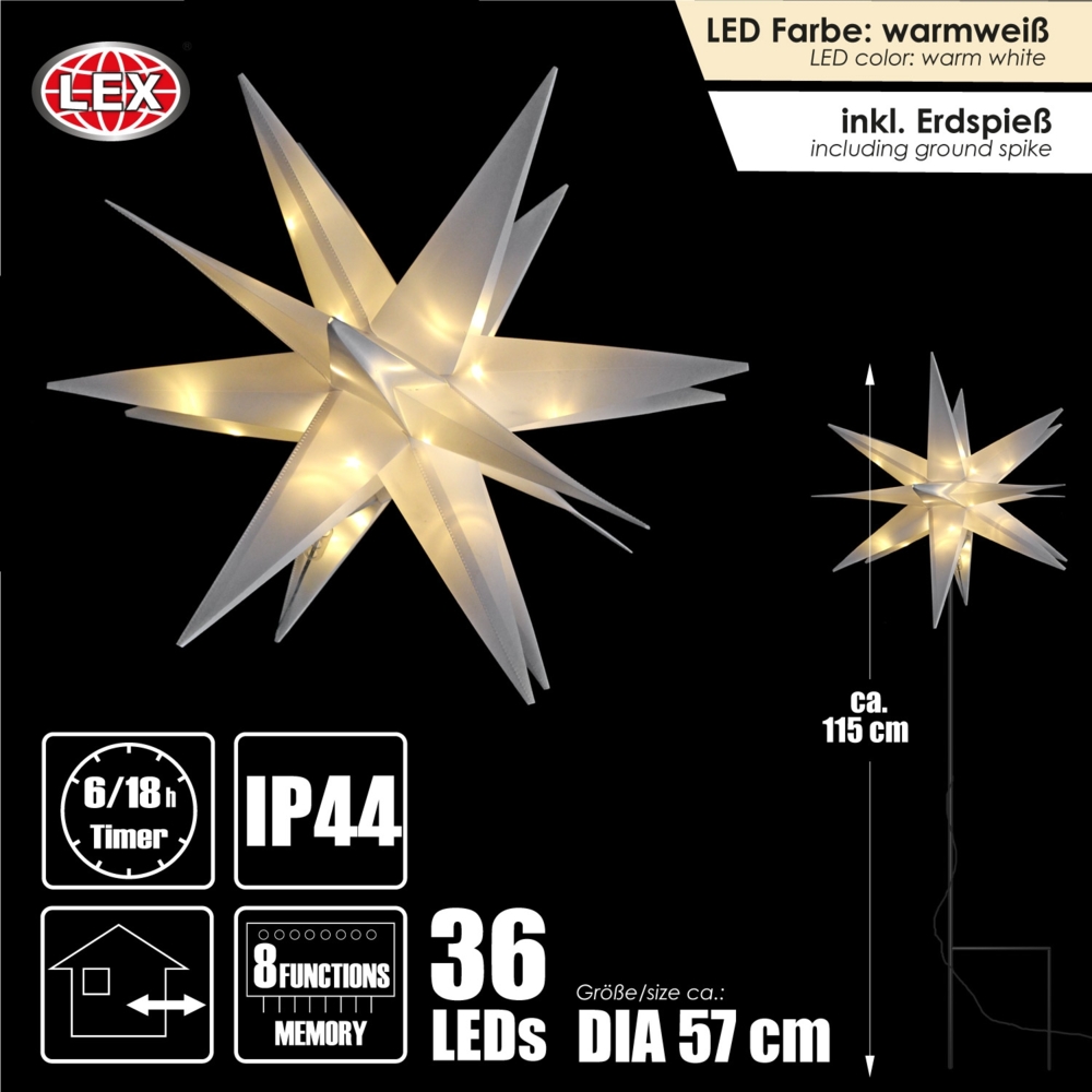 LEX 'Leuchtstern Lichterstern' 3D Lichterkette, 36 LEDs mit Erdspieß, Weiß, Ø 57 cm, Gesamthöhe 115 cm Bild 1