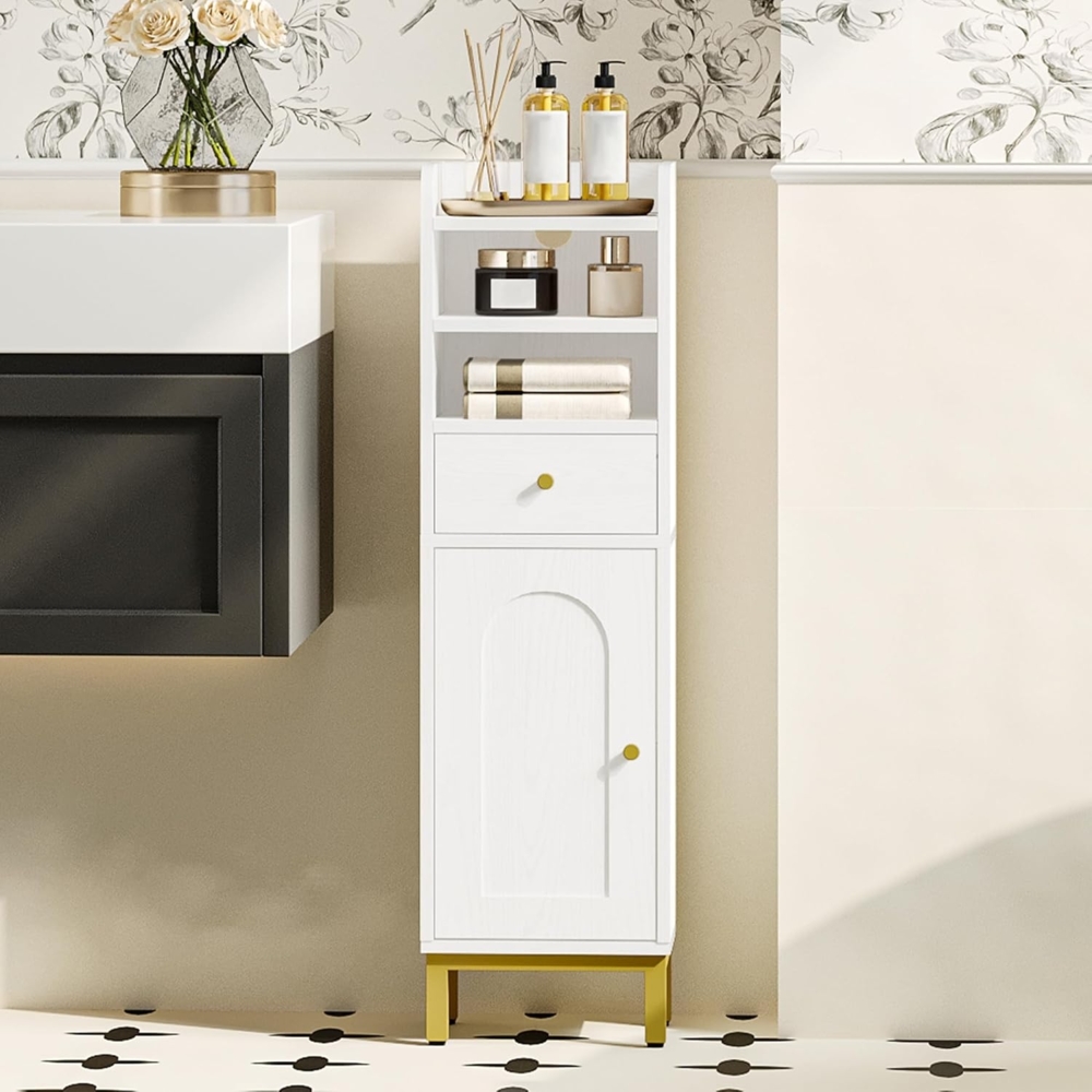 Badezimmerschrank, Badschrank, Toilettenschrank mit Türen, Badschrank mit kleinen Schubladen, Schmales Badregal, Verstellbare Ablagen, für kleine Räume, Weiß Bild 1