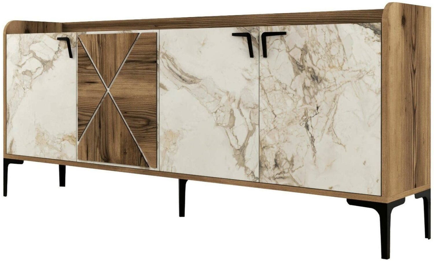 Dmora Konsolentisch Also, Wohnzimmer-Sideboard, niedriger TV-Schrank, ausgestatteter Wandsockel, 180 x 35 h78 cm, Walnuss und weißer Marmor Bild 1