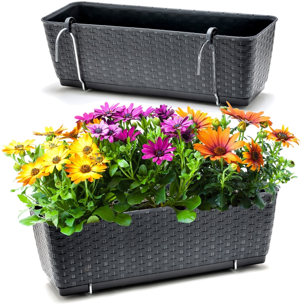 BigDean 2er Set Blumenkästen für Balkon-Geländer - Rattan-Optik - Anthrazit - Balkonkästen mit Metall-Halterungen - 49 x 17 x 17 cm - inkl. Bewässerungssystem Bild 1
