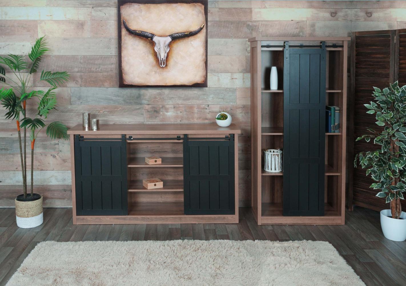 Wohnzimmerset aus Schrank und Sideboard HWC-K75, Schiebetüre Staufächer, Holz-Optik Industrial Metall ~ braun Bild 1