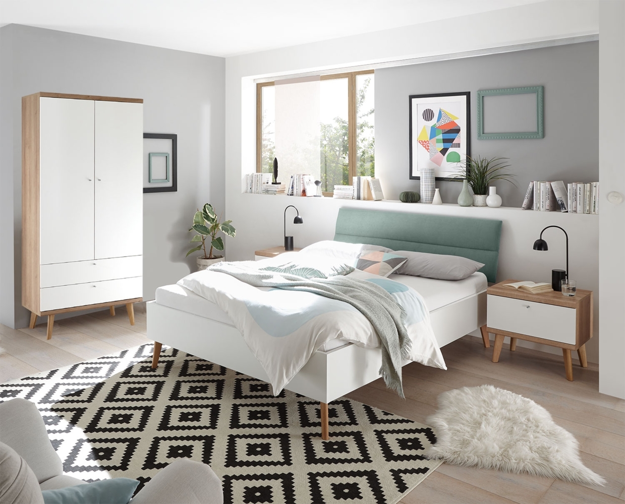 Schlafzimmer Set komplett 3-teilig Merle 140x200cm eiche riviera weiß mint Bild 1