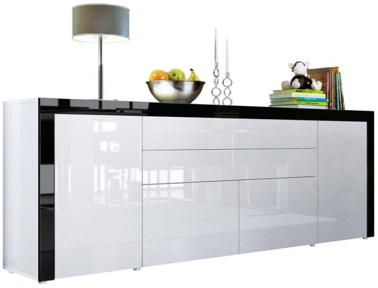 Vladon Sideboard La Paz V2, Kommode mit 2 Türen, 2 Schubkästen und 2 Klappen, Weiß Hochglanz/Weiß Hochglanz/Schwarz Hochglanz (200 x 72 x 35 cm) Bild 1