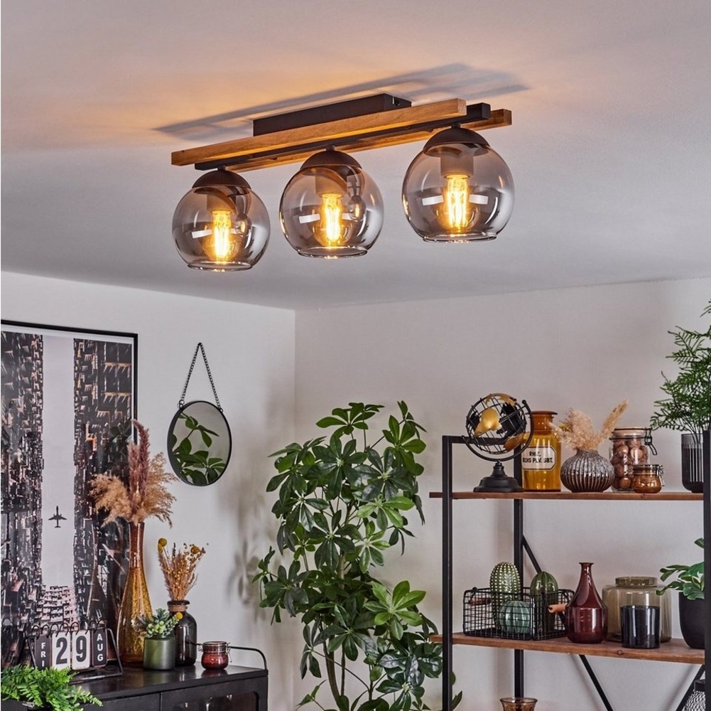 hofstein Deckenleuchte Deckenlampe aus Metall/Holz/Glas in Schwarz/Natur/Rauchfarben, ohne Leuchtmittel, Leuchte mit Schirmen aus Glas (15 cm), 3 x E27 Bild 1