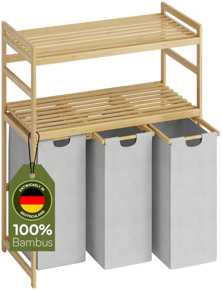 Bellamio 'Newa' Wäschesammler aus Bambus, hellgrau, inkl. 3 Wäschesäcke je 50 Liter aus Oxford-Gewebe, ausziehbar, mit Ablage Bild 1