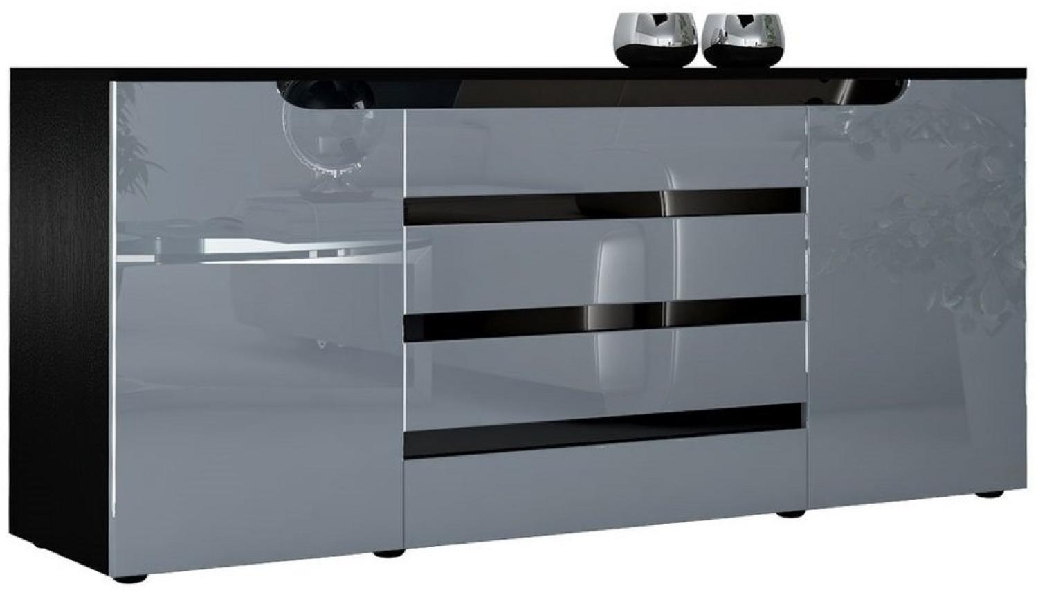 Sideboard Kommode Sylt V2, Korpus in Schwarz matt / Front in Grau Hochglanz mit Absetzungen in Schwarz Hochglanz (166 x 72 x 35) Bild 1