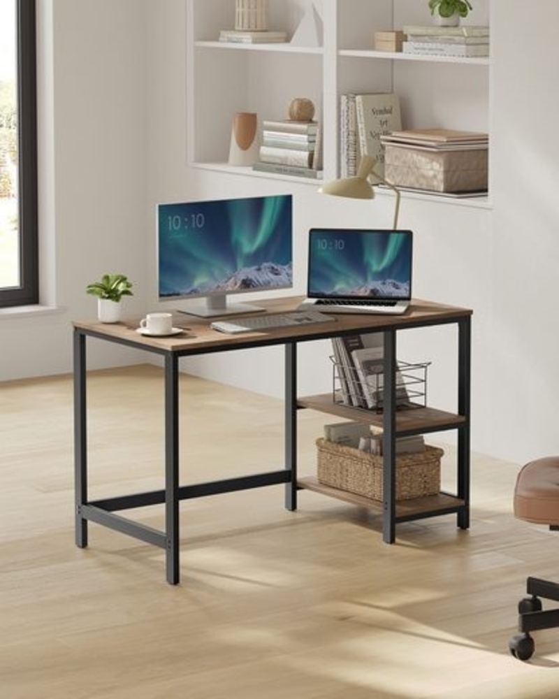 VASAGLE Schreibtisch, Computertisch, PC-Tisch, Bürotisch, mit 2 Ablagen auf der rechten oder linken Seite, fürs Büro, Wohnzimmer, Stahlgestell, Industrie-Design, kamelbraun-tintenschwarz Bild 1