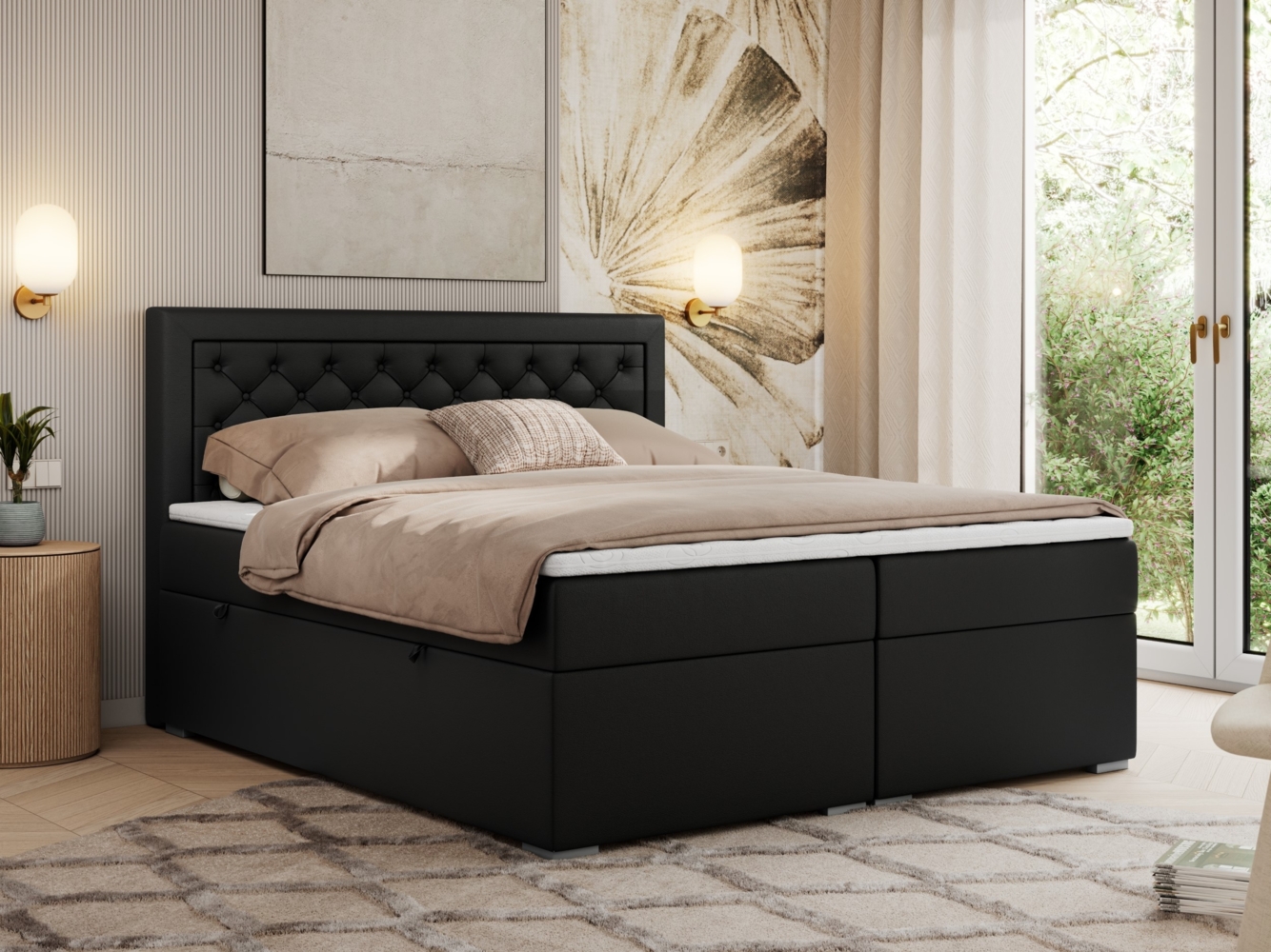 Boxspringbett, Modern Bett mit Multipocket-Matratze und zwei Bettkästen - JASIR - 200 x 200 cm - Schwarz Kunstleder - H3 Bild 1