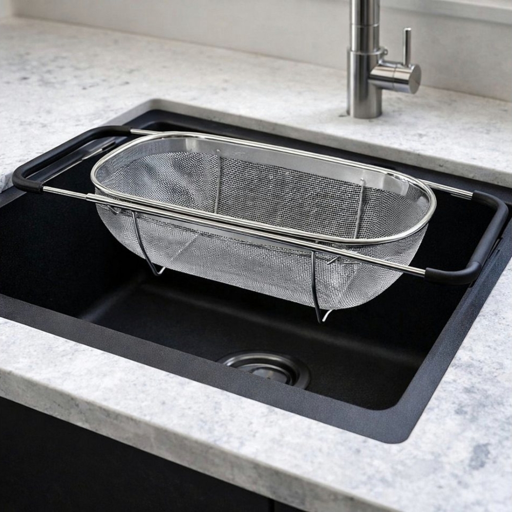 Koopman Küchensieb Spülbeckensieb Nudelsieb Abtropfsieb 36x24 cm Edelstahl Ausziehbar, Edelstahl, (1-St), verstellbar von 36-56cm, gummierte Griffe, Rostfrei, Praktisch Bild 1
