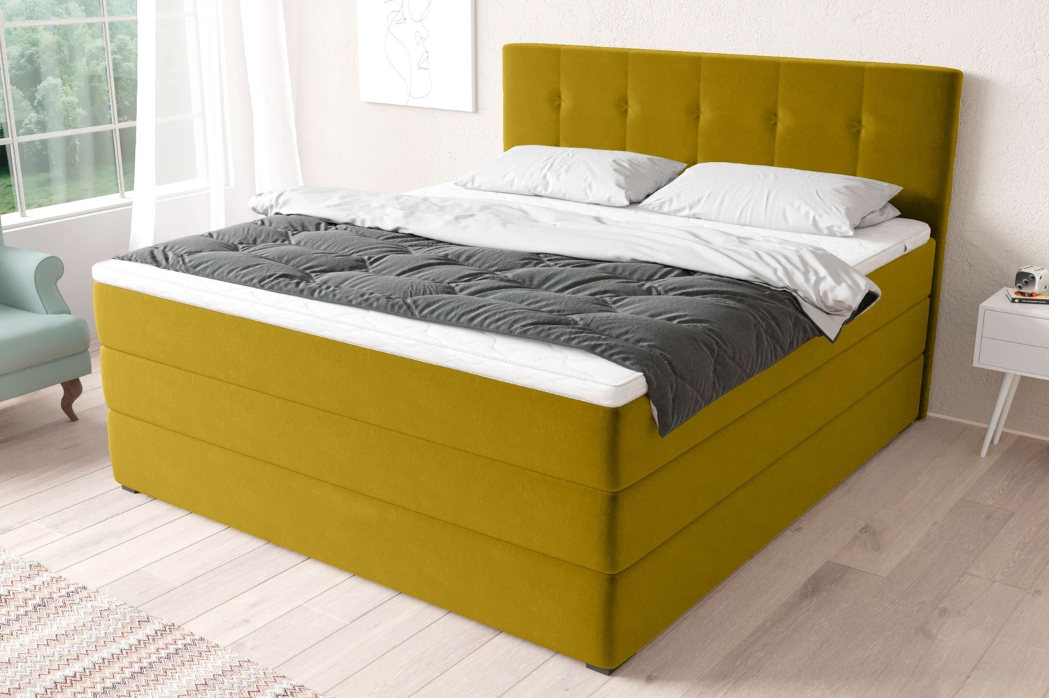 99rooms Madagaskar Boxspringbett Velours KRONOS Gelb 160x200 cm Bonell-Federung Bild 1