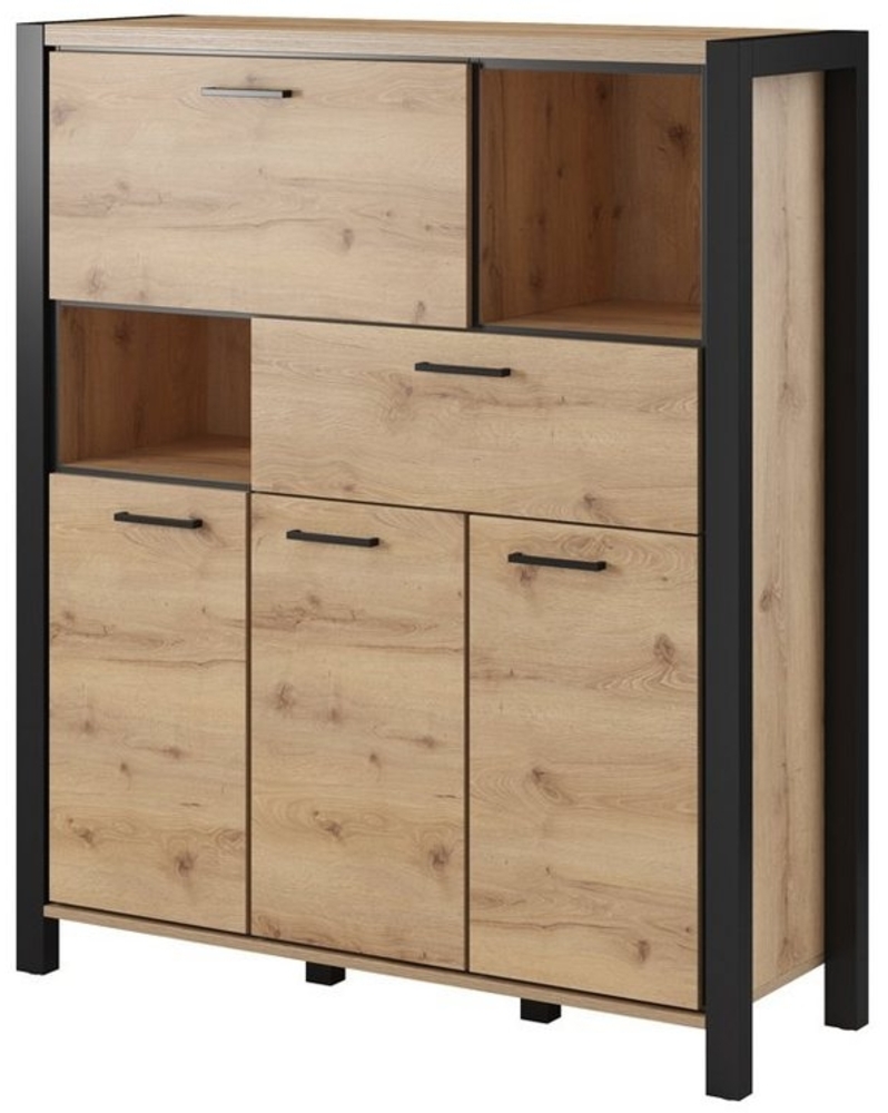 Wohnzimmer Highboard ACCRA-83 in Taurus Eiche Nb. und schwarzem Gestell, B/H/T: ca. 120/140/41 cm Bild 1