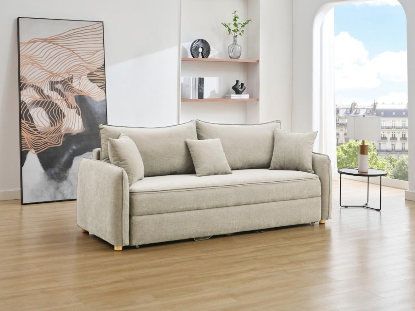 Vente-unique - Sofa mit Schlaffunktion 3-Sitzer - Sitzfläche mit Memory Schaum - Stoff - Beige - TORNOLO Bild 1