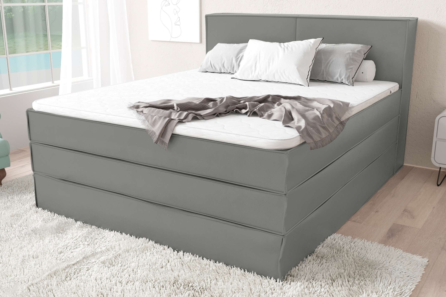 99rooms Santiago Boxspringbett Hellgrau Kunstleder MADRYT 120x200 cm Taschen-Federung Bild 1